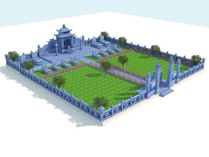 Hình ảnh thiết kế 3D khu lăng mộ đá dòng họ truyền thống.