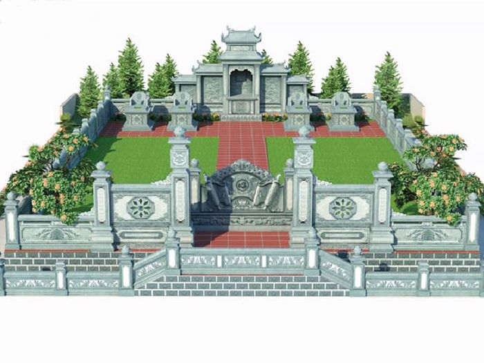 Hình ảnh thiết kế 3D xây khu lăng mộ đá dòng họ kích thước 15x20m