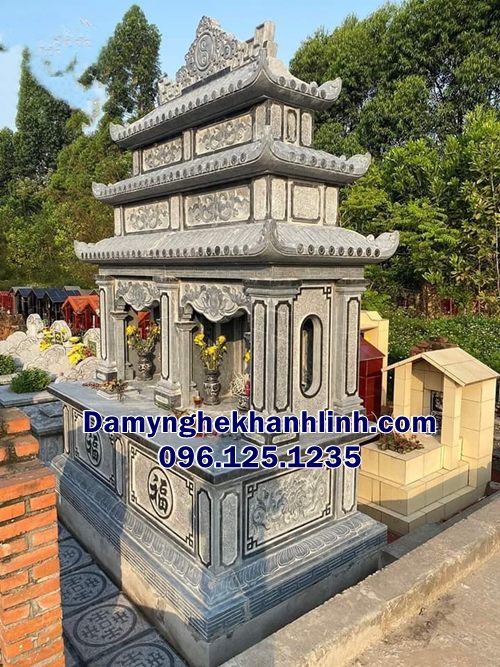 Mẫu mộ đá đôi đẹp đá xanh rêu chạm Sen hóa
